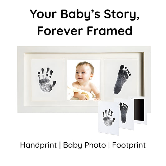 Baby photo frame with handprint, baby photo, and footprint kit on a white background - Little Treasures