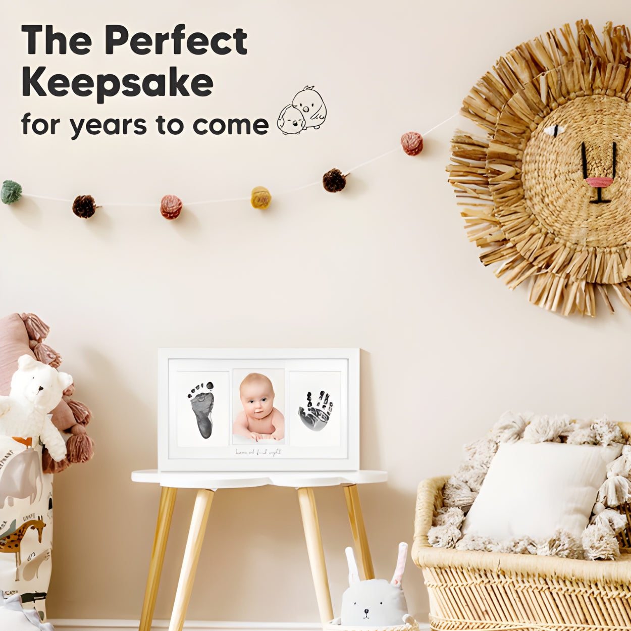 Framed baby's footprint and handprint on a table in a child's room with decorative wall art - Little Treasures