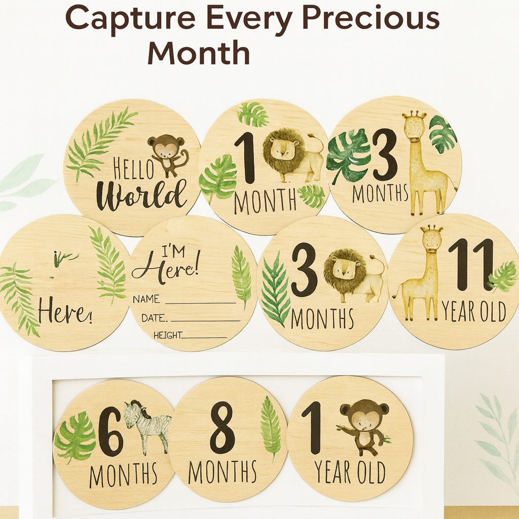 7-Piece Double-Sided Wooden Baby Milestone Set – Safari Jungle Theme | “Hello World” to “1 Year Old” Keepsake Photo Props