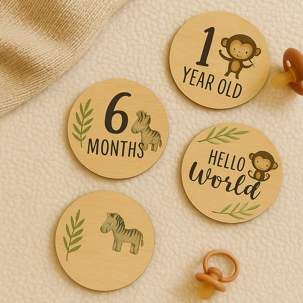 7-Piece Double-Sided Wooden Baby Milestone Set – Safari Jungle Theme | “Hello World” to “1 Year Old” Keepsake Photo Props