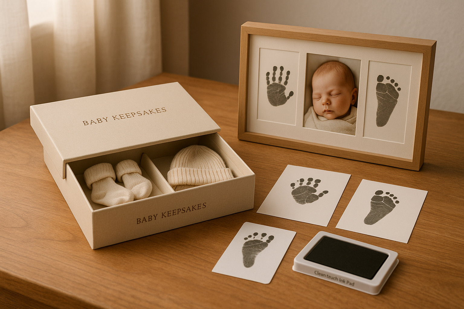 Baby keepsake box with baby clothes, photo frame with hand and footprints, and ink pad on a wooden surface.