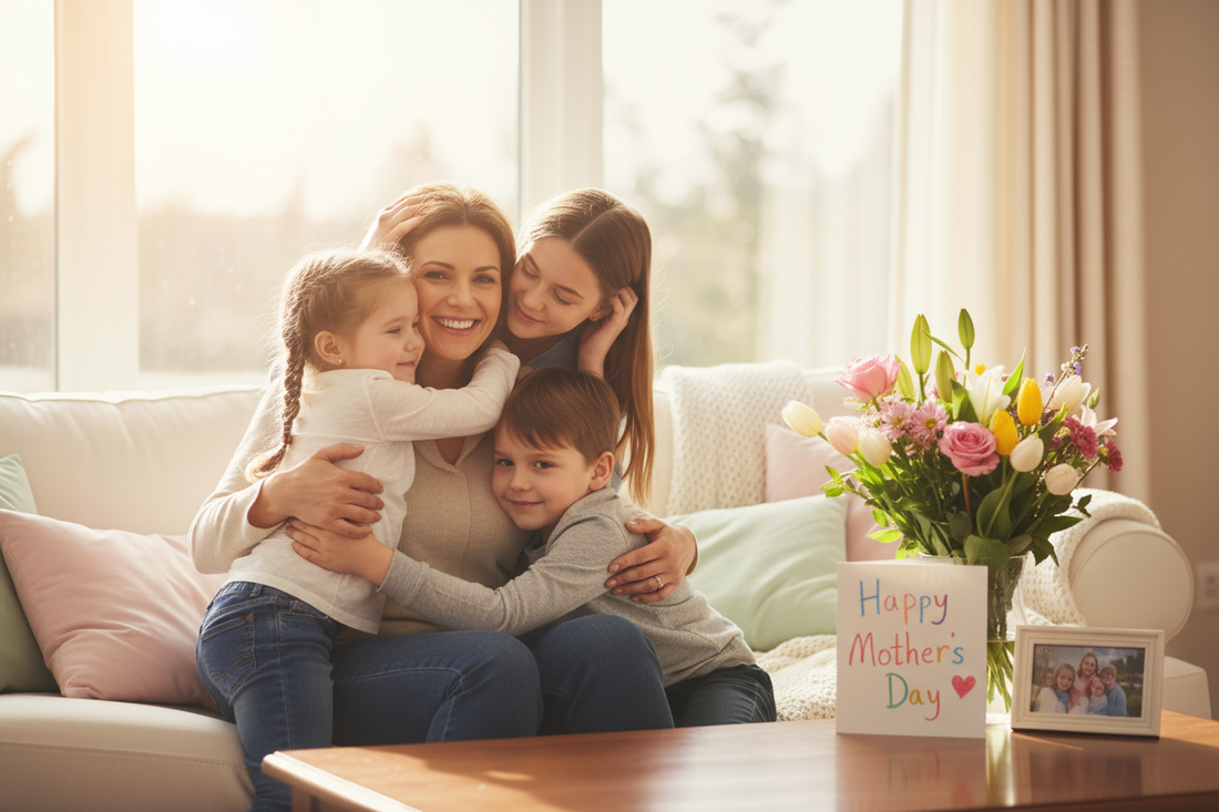 A mother sitting on a couch hugging her children on mother's day - Little Treasures 