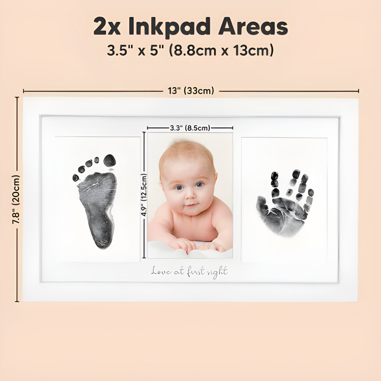 Baby photo with inkpad areas for footprints and handprints, showing dimensions - Little Treasures