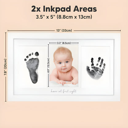 Baby photo with inkpad areas for footprints and handprints, showing dimensions - Little Treasures