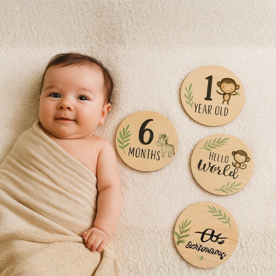 7-Piece Double-Sided Wooden Baby Milestone Set – Safari Jungle Theme | “Hello World” to “1 Year Old” Keepsake Photo Props