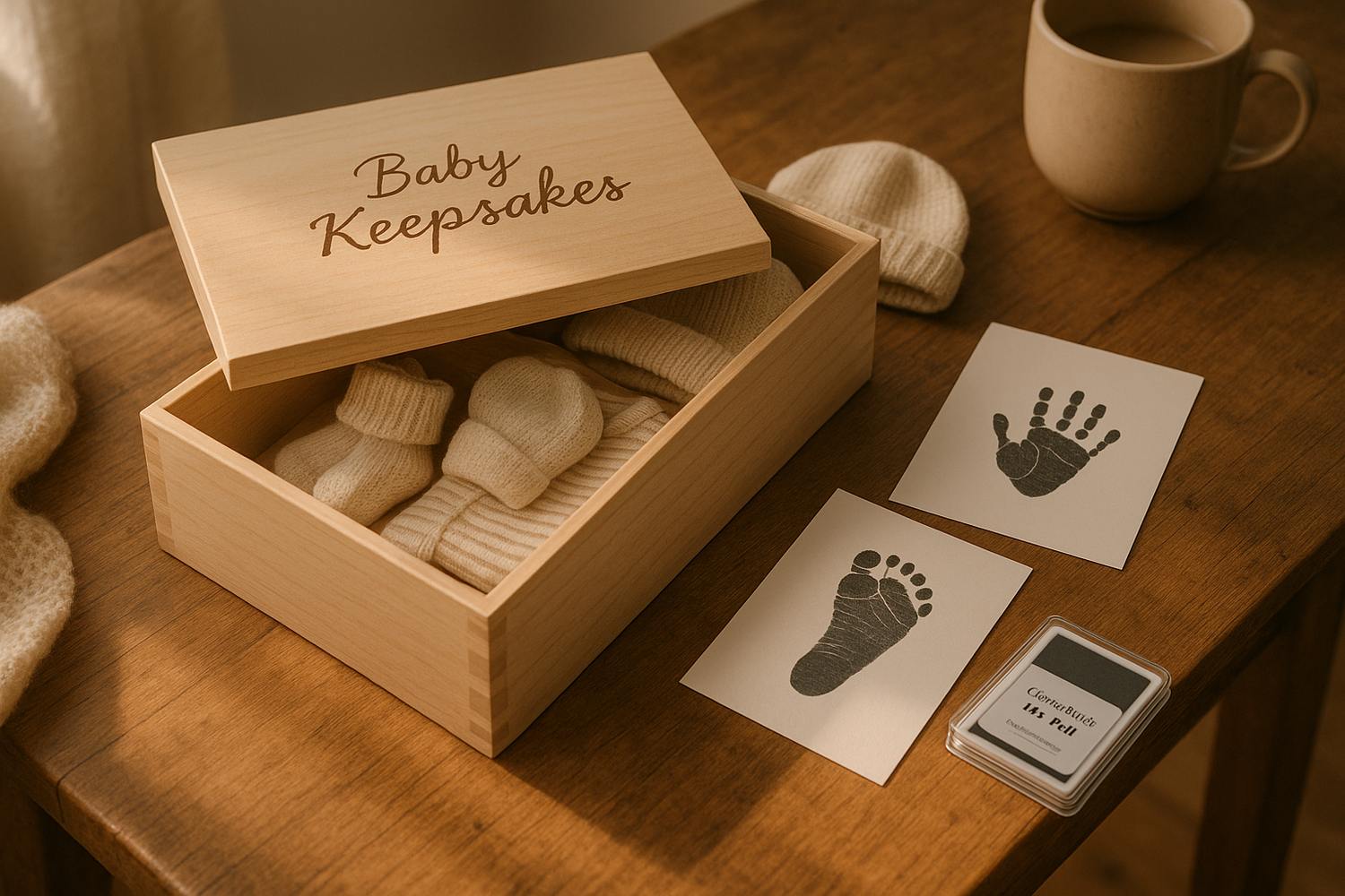 A warm, cozy lifestyle scene of a wooden table in soft natural light. On the table is a baby keepsake memory box slightly open, showing small mementos inside like baby socks, a tiny hat, and a folded onesie. Beside the box are clean-touch baby ink pads and baby handprint and footprint prints on white cards. The setting feels heartwarming and premium, with neutral, soft pastel tones and a calm, inviting atmosphere. Photorealistic, high quality, minimal clutter, focus on sentimental value and family memories.